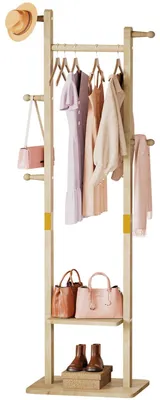 Produktbild von Freistehender Kleiderständer mit 2 Regalen - 5 Haken - 1 Kleiderstange - Garderobenschrank für Kleidung - Platzsparend - Für Wohnzimmer/Schlafzimmer - Kleiderregal