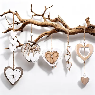 5 Holzherzen zum Aufhängen, Fensterdeko, Liebesdeko, Naturholz