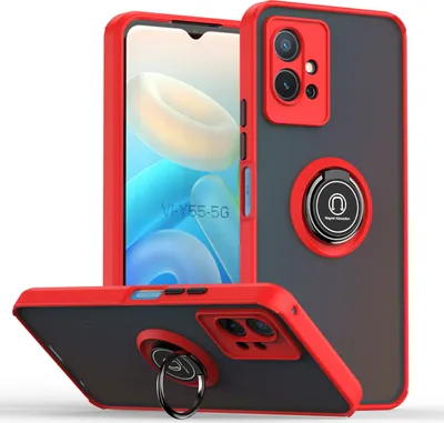 Image de Etui pour VIVO Y55 5G étui TPU translucide mat avec support d'anneau et stand Rouge