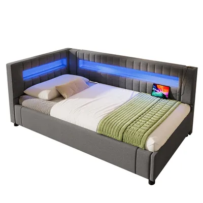 Produktbild von Merax Tagesbett Daybett 90x200 cm, hydraulischer Stauraum, LED-Lichtleiste mit Fernbedienung, Kopfteil mit USB & Type-C, Schlafsofa, Daybett, Grau