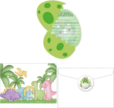 Produktbild von 12 Einladungskarten mit Dinosaurier-Eiern, Dinosaurier-Einladungen, Geburtstagseinladungen, dekorative Dinosaurier-Einladungen. Inklusive 12 Umschlägen und 12 Dinosaurier-Aufklebern für Geburtstagseinladungen für Jungen und Mädchen.