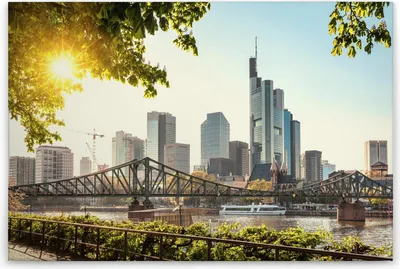 Produktbild von Leinwandbild Wahrzeichen 60 x 90 cm - Wandbild Frankfurt Grau Grün Skyline - Keilrahmen Wohnzimmerdeko Wanddeko Wandgemälde