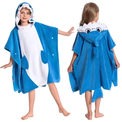 Imagen del producto de Poncho de playa para niños con capucha - Tiburón - Toalla suave y absorbente para niños y niñas de 3 a 12 años