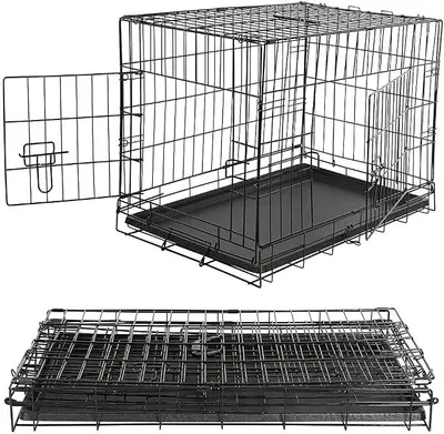 Produktbild von Hundetransportbox XL 107x75,5x70 cm Metall klappbar Schwarz | Hundebox Hundekäfig Transportkäfig Hundeklappkäfig mit Bodenwanne | Transportbox Hund Auto Hundebox 2 Türen Reisebox Tierkäfig