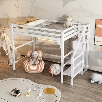 Produktbild von okwish Hochbett 140*200cm mit Lattenrost, Stufentreppe, Kleiderschrank, Weiß