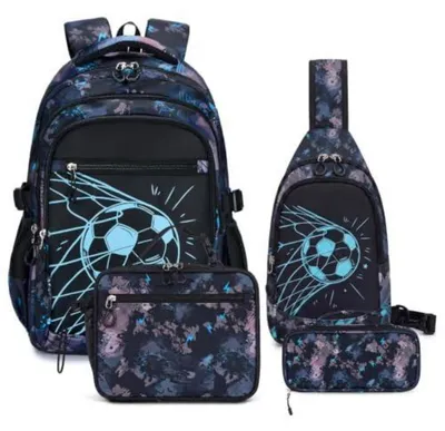 Produktbild von Schulrucksack Set 4-tlg. Jungen Teenager Schwarz Türkis Fußball Leuchtend
