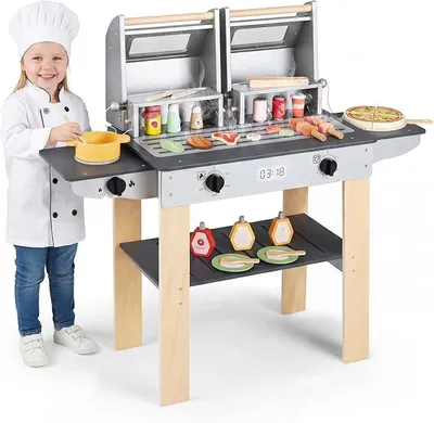 Imagen del producto de Juego de cocina de juguete con parrilla, incluye utensilios para asar y alimentos de juguete. Cocina de barro con 2 parrillas y tapas abatibles. Set de cocina para exteriores para niños a partir de 3 años
