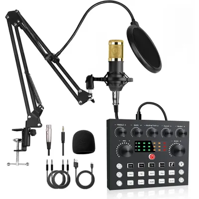 Obrázok produktu pre Súprava kondenzátorového mikrofónu ZELURXX s ramenom a zvukovou kartou – ideálna pre podcasty, streamovanie a hranie hier, V8S+Gold