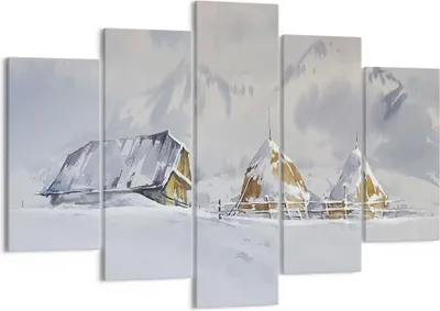 Produktbild von Bild auf Leinwand - Leinwandbild - 5 Teile - Haus Berge Schnee - 150x100cm - Wand Bild - Wanddeko - Wandbilder - Leinwanddruck - Bilder - Wanddekoration - Leinwand bilder - Wandbild - EA150x100-4806