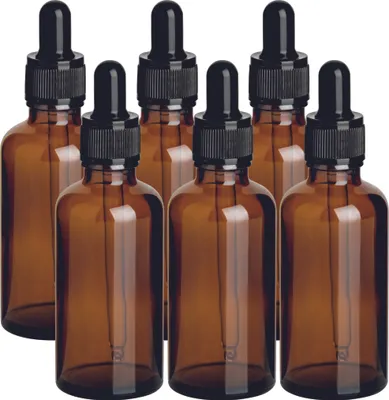 Immagine prodotto di set di 6 bottiglie con pipetta da 50 ml in vetro ambrato - Bottiglia da farmacia vuota in vetro - Bottiglia contagocce con pipetta in vetro per essenze, oli, profumi, estratti