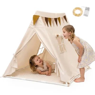 Immagine prodotto di Tende da gioco Mamabrum per bambini, con ghirlanda LED, adatte sia per interni che per esterni, color beige, con tappetino da gioco, 2 finestre e 2 ingressi, dimensioni 110 x 110 x 120 cm