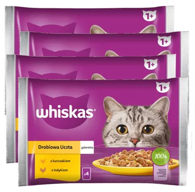 Zdjęcie produktu dla Whiskas Adult 4x340g Drobiowa Uczta Mokra Karma Dla Dorosłego Kota W Galaretce Kawałki Z Kurczakiem I Indykiem