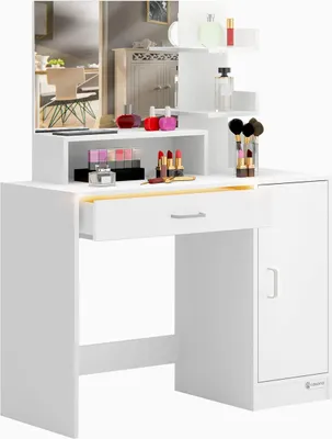 A white vanity table with a mirror and makeup products on display.
