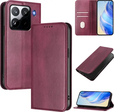 Image de Etui pour Xiaomi 15 Pro, étui en cuir vintage avec protection RFID, fentes pour cartes, support Rouge