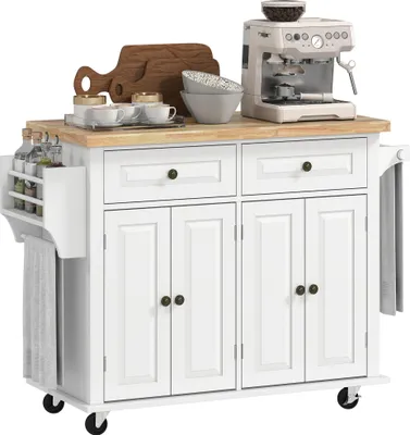 Image de HOMCOM Desserte ilôt de cuisine multi rangements 2 tiroirs 2 placard 2 portes avec étagère range-bouteille porte-torchons et étagère réglable MDF blanc hévéa