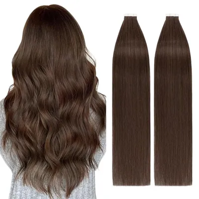 Image de Extensions à ruban, cheveux naturels, 100g, brun moyen, 45 cm, qualité Remy, lisses, 40 pièces