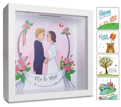 Produktbild von Spardose mit Hochzeitsmotiv und 3D-Fotorahmen-Design, perfekt zum Befüllen mit Geldgeschenken, als Verpackung für Junggesellenabschiede, das Brautpaar, Hochzeitsgeschenke, Sparschweine, dekorative Spardosen, Geschenke für die Hochzeitskasse.