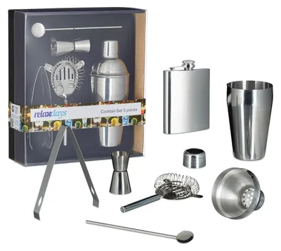 Productafbeelding van Set van 6 baraccessoires van roestvrij staal, bestaande uit: een flesje (200 ml), een shaker, een barsieve, een maatbeker, een cocktaillepel en een ijsblokjes tang. Cocktailset