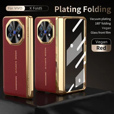 Produktbild von Schutzhülle für Vivo X Fold5 Eingebauter Displayschutz und Scharnierschutz, Galvanisierter Rahmen und stoßfeste Leder-Handyhülle Rot