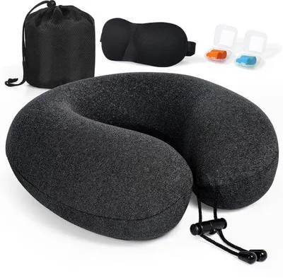 Imagen del producto de Almohada ergonómica para el cuello Unyqoos® con espuma viscoelástica: soporte para el cuello de 360°, ajustable, plegable, con bolsa de transporte, antifaz 3D y tapones para los oídos, ideal para viajes