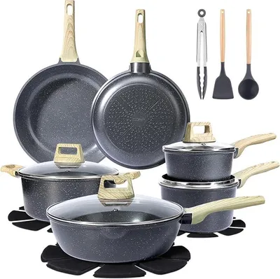 Imagen del producto de Juego de utensilios de cocina con tapa, ollas y sartenes de cerámica antiadherente, juego de ollas para cocinas de inducción, apto para todo tipo de cocinas, incluye sartenes, ollas y una olla para estofar, color gris
