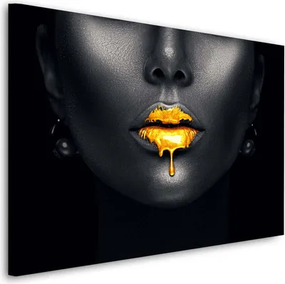 Produktbild von Gold Lips, Frau Erotik Wandbild Leinwandbild Deko Kunst XL: 90x60x4cm