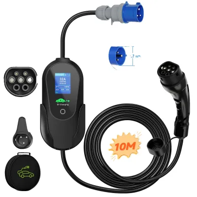Imagen del producto de Cargador de vehículos eléctricos portátil, control de carga inteligente, opciones de corriente ajustables, tipo 2, 10 metros, con aplicación