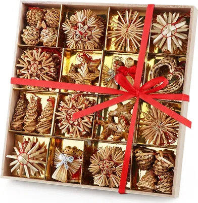 Immagine prodotto di Decorazioni per l'albero di Natale - Set di 40 stelle di paglia in 10 disegni - Decorazioni per l'albero di Natale per addobbi festivi in casa - decorazioni natalizie e per le feste