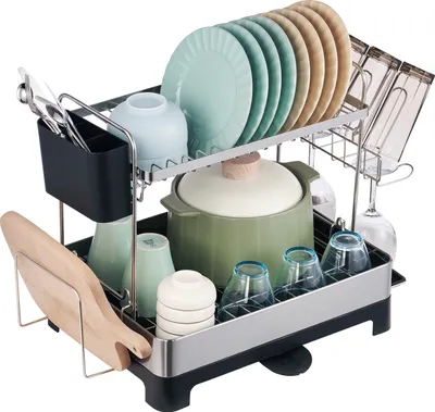 Produktbild von VEVOR Abtropfgestell Geschirr 571 x 320 x 385 mm, 2-stufiges Geschirrabtropfgestell Edelstahl + PP, Geschirr Abtropfständer Abtropfgitter, Geschirrtrockner mit Utensilienhalter und Abtropfschale