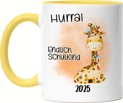Produktbild von Endlich Schulkind 2025 Giraffe Tasse Gelb Erstklässler Einschulung Tochter Neffe Nichte Schulanfang Schuleinführung