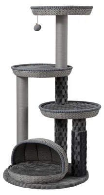 Imagen del producto de Fudajo Urban Loft, rascador para gatos de 115 cm de altura, color gris, con base de 58 cm de diámetro, rascador con elemento de masaje, 3 plataformas para descansar y postes para rascar cubiertos con cuerda de papel
