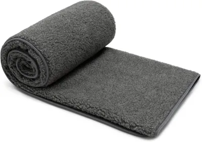 A rolled-up gray blanket is shown on a white background.