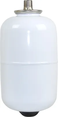 A white expansion vessel with a threaded connection at the top and a black rubber foot at the bottom, isolated on a white background.