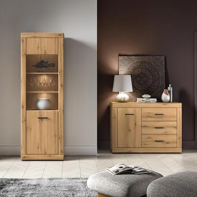 Produktbild von Wohnzimmer-Set mit Vitrine & Kommode inkl. Beleuchtung, in Eiche, modern, 2-teilig - DAKAR-131