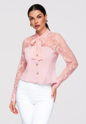 Produktbild von LARICA Damen Bluse Transparente Spitze Figurbetont Elegant OW-SH-E0036 rose M