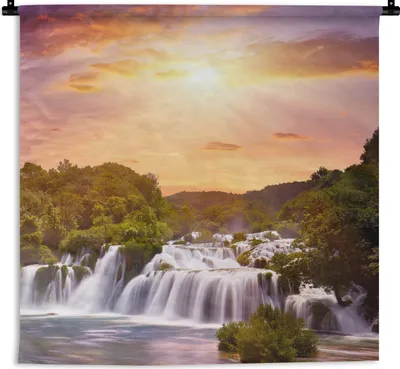 Produktbild von MuchoWow® Wandteppich Wandbehang Wasserfall - Landschaft - Sonne - Wolken - Sonnenuntergang 120x120 cm Tapisserie Dekoration Wandtuch - Modern - Baumwollgewebe