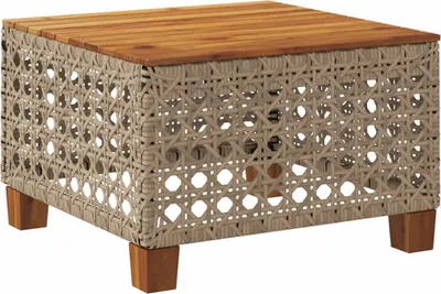A square coffee table with a wooden top and a woven rattan-like base, supported by four wooden legs.