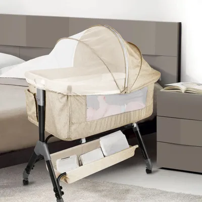 Produktbild von 2 in1 Beistellbett Baby,Babybetten Reisebett Babybett Höhenverstellbar Babybett, neigbar, Kinderbett inkl. Matratze und Moskitonetz Beige