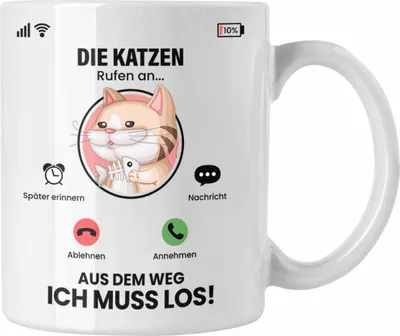 Produktbild von Trendation - Die Katzen Rufen An Tasse Geschenk für Katzen Züchter Besitzer Geschenkidee Lustig Spruch (Weiß)