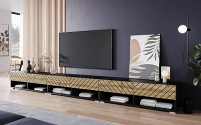 Image de MINIO go for it, Buffet bas Armoire TV "ANNE", 300 cm, avec portes en MDF, sans éclairage LED, noir mat/couleur chêne Wotan avec motif 3D à chevrons
