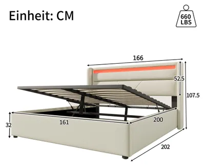 Immagine prodotto di Letto imbottito 160 x 200 cm con vano contenitore con apertura idraulica e striscia LED, letto funzionale con telecomando, rete a doghe, PU, bianco