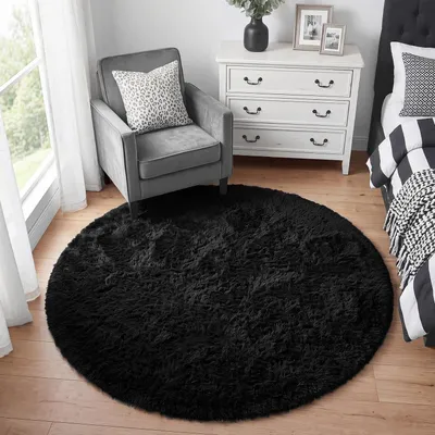 Zdjęcie produktu dla Miękki, puszysty dywan okrągły, 120 cm, czarny