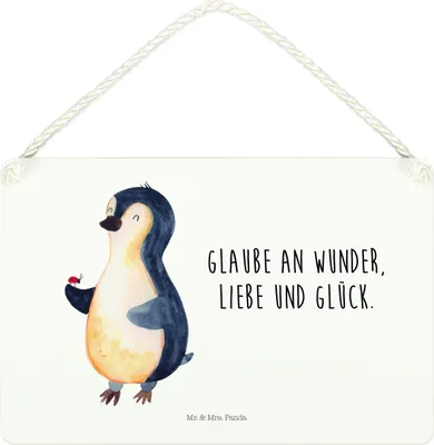 Produktbild von Mr. & Mrs. Panda Schild Pinguin Marienkäfer DIN A4 - Weiß - Geschenk, Kleine Wunder, Glück, wandtafel, Holzschild, Aufmerksam, Freude, Liebe, aufmerksamkeit, Türschild