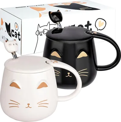 Image de lot de 2 mugs pour chats mignons avec couvercle et cuillère, 450ML blanc et noir