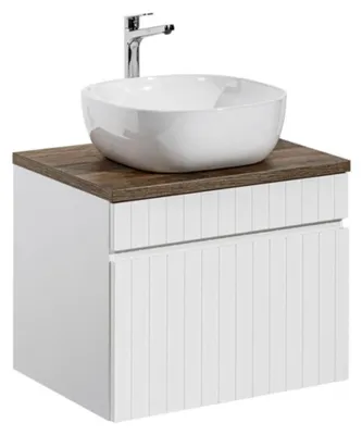 Produktbild von ICON Set weiß: Unterschrank 60cm + Arbeitsplatte in dunklem Holzoptik + aufgesetztes quadratisch abgerundetes Waschbecken