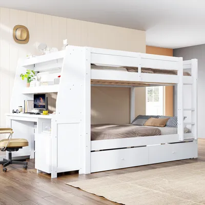 Produktbild von STILVORA Etagenbett 140x200 cm mit einer Matratze Bettgestell mit integriertem Aufbewahrungsschrank, Hochbett mit Schreibtisch und Ablage, Kinderbett mit Schubladen und Stauraum