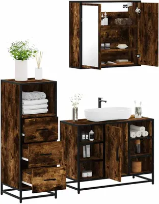 Produktbild von Design 3-tlg. Badmöbel-Set Räuchereiche Holzwerkstoff, Badezimmerschränke Neu
