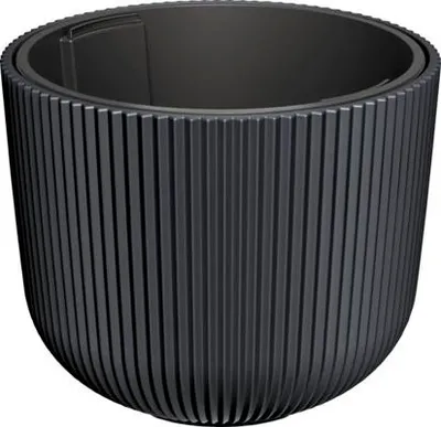 A black planter pot with a ribbed texture.
