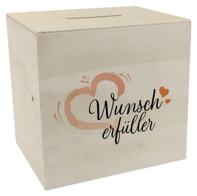 Produktbild von Spardose aus Holz mit Herzmotiv und Text - Wunscherfüller mit Herzchen
