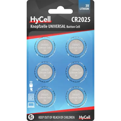 A blister pack of six CR2025 lithium button cell batteries from HyCell.